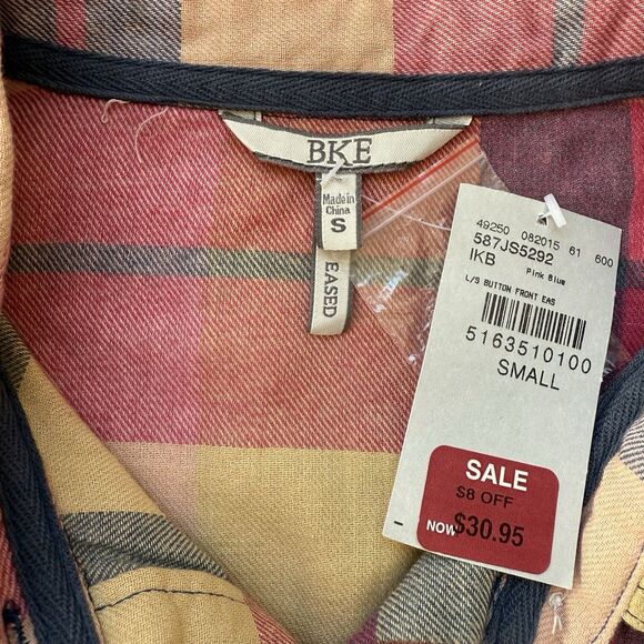 Bke Shirt Womens Medium Pink Plaid Button Front Eased Rolled Cuff Western Casual - Picture 3 of 8